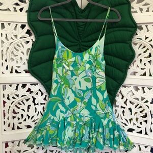 Mahina Hawaii green floral twirl mini dress. Open back. Size L. Runs small.
